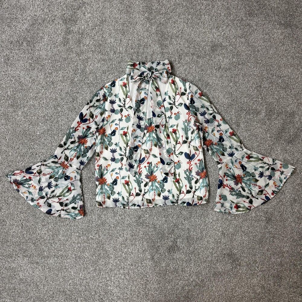 Walter Baker Blouse Womens XS Multicolor Cactus Floral Bow Bell Sleeve Western